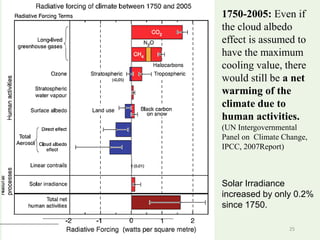 1750-2005: Even if
the cloud albedo
effect is assumed to
have the maximum
cooling value, there
would still be a net
warming of the
climate due to
human activities.
(UN Intergovernmental
Panel on Climate Change,
IPCC, 2007Report)
Solar Irradiance
increased by only 0.2%
since 1750.
25
 