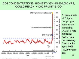 CO2 CONCENTRATIONS, HIGHEST (33%) IN 800,000 YRS, 
COULD REACH ~1000 PPM BY 21OO. 
At present rate 
of 2.5 ppm 
rise per year, 
humans are 
increasing 
CO2 at a rate 
300 times 
faster than 
the recovery 
from the ice 
age 18,000 
-10,000 years 
ago. 
Ice 
Age 
22 
 