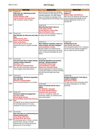 RISEconf 2015 DAY1(Friday) Unofficial Schedule by Sh1n0g1
Center Stage Enterprise Stage Builders Stage
14:30
14:40
14:50
15:00 15:00-15:15
New industrial revolution: what it is,
when it starts, and why it happens
Jane Zavalishina, Yandex
Big data insights are transforming the
entire financial services sector and giving
power to internet technologies like never
before.
15:10
15:20
15:30
15:40
15:50
16:00
16:10
16:20
16:15-16:35
How returnees are revolutionising the
Chinese startup scene
Victor Wang, ZhenFund
Jonathan Krim, Dow Jones
The technology sector in China is currently
experiencing an upsurge in Chinese
returnees who are now back boning the
startup scene on the mainland.
15:15-15:35
nice won! How China's photo sharing
market is being conquered
Alex Zhou, nice
Jun-Yeob Lee, Financial Times
How nice have turned photo sharing into
China's biggest cultural phenomenon.
15:15-15:40
Analysing algorithms and machine
learning - big data solutions
David Hsieh, Instart Logic
Jane Zavalishina, Yandex
Sheila Lam, Computer World
Potential applications of machine learning
and big data analytics are almost unlimited,
and few know this better than these
experts.
15:30-16:00
Building Elasticsearch: from idea to
{code} to adoption
Shay Banon, Elastic
The open source search technology which
has gotten Elasticsearch to 30 millions
downloads.
15:35-15:55
Diversification: the key to expanding
your user base
Sheng Fu, Cheetah Mobile
How to bring diversification to a company.
15:40-16:00
Future of android and the next 2
billion
Kirt McMaster, Cyanogen
Tom Moss, Nextbit Systems
Jonathan Krim, Dow Jones
In the ever competitive mobile and
technology markets, can android survive,
evolve and prosper?
15:55-16:15
The key to millennial engagement
Ray Chan, 9GAG
Michael Wolf, Activate
James Griffiths, South China Morning
Post
The digitally savvy millennial generation are
the key target audience for so many
companies. So how do you reach them?
14:25-14:40
How to market in the Enterprise space
Nathan Huey, SoftLayer, an IBM
Company
Cloud computing giant, Softlayer, prides
itself in giving customers the highest
performing cloud infrastructure available.
Communicating this often depends on your
marketing approach. Join CMO, Nathan
Huey, as he shares his expertise on the
ever changing field and the SoftLayer story.
14:30-15:00
Gopher it!
Gautam Rege, Josh Software
Why more of us should be using the open
source programming language and the
beneficial applications it has for us in
everyday life.
14:30-14:55
LINE them up: replicating success
across borders
Takeshi Idezawa, LINE
Hannah Kuchler, Financial Times
LINE's expansion outside of Japan.
14:40-15:00
What big data doesn't show us
Linda Jiang, Umeng
Suresh Shankar, Crayon Data
Raymond Russell, Corvil
Are we on the tip of iceberg or where are
we going next with big data?
14:55-15:15
How big data can help save and make
lives
Michael Huang, Glow
Danny Yeung, Prenetics
Saeju Jeong, Noom
How big data will have the most
fundamental impact on people’s everyday
lives
15:00-15:30
Architecting for UX
Josh Holmes, Microsoft
From Microsoft Ventures' CTO in residence,
we hear from this architect evangelist on
how to create the best UX possible.
 