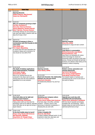 RISEconf 2015 DAY2(Saturday) Unofficial Schedule by Sh1n0g1
Center Stage Marketing Stage Machine Stage
09:20 9:25-9:30
Opening Remarks
Paddy Cosgrave, Web Summit
Casey Lau, StartupsHK
09:30
09:40
09:50 9:55-10:00
Opening remarks
Irene Chu, KPMG
Introduction to stage and day's content
10:00 10:00-10:15
Leap Motion in conversation
Michael Buckwald, Leap Motion
Richard Robinson, Yolu
Leap Motion are developing 3D motion-
control technology for virtual and
augmented reality and doing so with great
success. Michael and Richard will talk both
hardware and software while looking at this
company's creative computing.
10:10-10:15
Opening remarks
Anson Bailey, KPMG
10:20
10:30 10:30-10:45
How both sides can be right and
wrong in equal measure
Matt Mullenweg, Automattic
Taking advice when you first enter the
technology world can be difficult, especially
when both sides can be right and wrong in
equal measure.
10:30-10:45
Marketing your company culture
Nanxi Liu, Enplug
Vinnie Lauria, Golden Gate Ventures
Free food, dogs in the office, unlimited
vacations - company culture is fast
becoming an important consideration in
choosing who you work with.
10:40
9:30-9:50
Why are companies growing so fast?
Jim Kim, Formation 8
Harry Hui, Clearvue Partners
Hanno Stegmann, Rocket Internet
Elzio T Barreto, Thomson Reuters
Technology startups are now growing at a
rate never seen before. However what role
does the VC play in this?
9:50-10:10
20 years of business in China: a
conversation with PCH Founder & CEO
Liam Casey
Liam Casey, PCH
Tim Culpan, Bloomberg
In recent years PCH have diversified into
incubators, design and e-commerce. So
how should we now define PCH?
10:10
10:15-10:30
Brand and character: the relationship
between you and your brand
Andy Dunn, Bonobos
The Relationship Between You and Your
Brand
10:10-10:30
The death of desktop applications
Girish Mathrubootham, Freshdesk
Amit Singh, Google
David Rowan, Wired
More of our working lives are now
conducted in the cloud, each of us are
moving away from the more traditional
applications to its next evolution.
10:15-10:35
Robotic control, automation and
sensing opportunity
Mel Torrie, ASI Robots
Erica Young, Insight Robotics
Feng Wang, Financial Times
Two industry leaders in hardware and
manufacturing tell us the ins and outs of
the world of robotics.
10:45-11:05
Is the tech bubble about to burst?
Peng T. Ong, Monk's Hill Ventures
Bob McCooey, NASDAQ
Jing Ulrich, J.P. Morgan Chase
Hannah Kuchler, Financial Times
Ever since the last technology crash at the
turn of the millennium, many industry
experts have looked at the sector and
predicted another meltdown. Does the
number of unicorns tell us the marketplace
is healthy or overheated ?
10:35-10:50
Upgrade your work day with
quantified self and biohacking
Teemu Arina, Biohacker's Handbook
With the help of wearable technologies,
quantified self, and biohacking - what is
possible today and what will the future of
optimized performance bring?
10:45-11:00
Living a complete life
Gloria Ai, iAsk Media
In today’s headline obsessed world, it’s still
important to take time, step back, and
explore the complete picture.
 