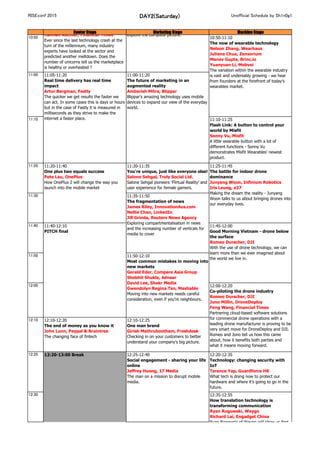 RISEconf 2015 DAY2(Saturday) Unofficial Schedule by Sh1n0g1
Center Stage Marketing Stage Machine Stage
10:50
11:00
11:10 11:10-11:25
Flash Link: A button to control your
world by Misfit
Sonny Vu, Misfit
A little wearable button with a lot of
different functions - Sonny Vu
demonstrates Misfit Wearables' newest
product.
11:20 11:20-11:35
You're unique, just like everyone else!
Salone Sehgal, Truly Social Ltd.
Salone Sehgal pioneers ‘Flirtual Reality’ and
user experience for female gamers.
11:30
11:40
11:50
12:00
12:10 12:10-12:20
The end of money as you know it
John Lunn, Paypal & Braintree
The changing face of fintech
12:10-12:25
One man brand
Girish Mathrubootham, Freshdesk
Checking in on your customers to better
understand your company's big picture.
12:20 12:20-12:35
Technology: changing security with
IoT
Terence Yap, Guardforce HK
What tech is doing now to protect our
hardware and where it's going to go in the
future.
11:20-11:40
One plus two equals success
Pete Lau, OnePlus
How OnePlus 2 will change the way you
launch into the mobile market
11:25-11:45
The battle for indoor drone
dominance
Junyang Woon, Infinium Robotics
Iris Leung, e27
Making the dream the reality - Junyang
Woon talks to us about bringing drones into
our everyday lives.
11:40-12:10
PITCH final
11:45-12:00
Good Morning Vietnam - drone below
the surface
Romeo Durscher, DJI
With the use of drone technology, we can
learn more than we ever imagined about
the world we live in.
12:00-12:20
Co-piloting the drone industry
Romeo Durscher, DJI
Jono Millin, DroneDeploy
Feng Wang, Financial Times
Partnering cloud-based software solutions
for commercial drone operations with a
leading drone manufacturer is proving to be
very smart move for DroneDeploy and DJI.
Romeo and Jono tell us how this came
about, how it benefits both parties and
what it means moving forward.
12:20-13:00 Break 12:25-12:40
Social engagement - sharing your life
online
Jeffrey Huang, 17 Media
The man on a mission to disrupt mobile
media.
11:50-12:10
Most common mistakes in moving into
new markets
Gerald Eder, Compare Asia Group
Shobhit Shukla, Adnear
David Lee, Shakr Media
Gwendolyn Regina Tan, Mashable
Moving into new markets needs careful
consideration, even if you're neighbours.
11:00-11:20
The future of marketing in an
augmented reality
Ambarish Mitra, Blippar
Blippar’s amazing technology uses mobile
devices to expand our view of the everyday
world.
11:35-11:50
The fragmentation of news
James Riley, InnovationAus.com
Nellie Chan, LinkedIn
Jill Grinda, Reuters News Agency
Exploring compartmentalisation in news
and the increasing number of verticals for
media to cover
10:45-11:05
Is the tech bubble about to burst?
Peng T. Ong, Monk's Hill Ventures
Bob McCooey, NASDAQ
Jing Ulrich, J.P. Morgan Chase
Hannah Kuchler, Financial Times
Ever since the last technology crash at the
turn of the millennium, many industry
experts have looked at the sector and
predicted another meltdown. Does the
number of unicorns tell us the marketplace
is healthy or overheated ?
10:50-11:10
The now of wearable technology
Nelson Zhang, Wearhaus
Juliana Chua, Zensorium
Manav Gupta, Brinc.io
Yuanyuan Li, Mobvoi
The variation within the wearable industry
is vast and undeniably growing - we hear
from founders at the forefront of today's
wearables market.
11:05-11:20
Real time delivery has real time
impact
Artur Bergman, Fastly
The quicker we get results the faster we
can act. In some cases this is days or hours
but in the case of Fastly it is measured in
milliseconds as they strive to make the
internet a faster place.
10:45-11:00
Living a complete life
Gloria Ai, iAsk Media
In today’s headline obsessed world, it’s still
important to take time, step back, and
explore the complete picture.
 