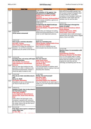 RISEconf 2015 DAY2(Saturday) Unofficial Schedule by Sh1n0g1
Center Stage Marketing Stage Machine Stage
12:30
12:40 12:40-12:55
The evolution of 'the agency': the
disappearance of differentiation
Nathan Huey, SoftLayer, an IBM
Company
Stephanie Marchesi, FleishmanHillard
With increasing competition, agencies are
racing to stand out.
12:50
13:00-13:05
PITCH winner announced
13:10
13:20
13:30
13:40
13:50
14:00 14:00-14:15
Keeping it fresh: how to stay ahead in
the food delivery game
Roger Egan, RedMart
Lucas Englehardt, WaimaiChaoren
George Chen, South China Morning
Post
Online retail in the food sector is ever
increasing in popularity with consumers.
But with more and more startups entering
the market, those at the top they have to
stay ahead of the game.
13:40-14:00
How do you make wearables easy to
use?
Sonny Vu, Misfit
Tim Culpan, Bloomberg
Wearables are seen as revolutionary but
can they be made easy to use?
13:00
13:05-13:25
How to get a real time education
Dun Xiao, 17zuoye
Amie Tsang, New York Times
Education is no longer just confined to a
classroom. You can find an education
anywhere you can connect to the internet.
13:10-13:25
Sport as a marketing tool
Patrick Murphy, Catalyst Media Group
Chris Stafford, FanDuel
Sport can act as a unifying force and
communication tool all across the world.
12:55-13:15
Secure online log-in through the
power of mobile
Karan Henrik Ponnudurai, Celcom
Axiata Malaysia
Jaikishan Rajaraman, GSMA
David Corbin, Tech in Asia
A conversation about mobile technology's
advances from two of the industry's biggest
players, Celcom and GSMA.
13:15-13:40
Machine Vision: In conversation with
Movidius
David Moloney, Movidius
Abhimanyu Ghoshal, The Next Web
The CTO of the global leader in mobile
vision process technology for connected
devices gives the inside track into their
progress and what they see their
technology accomplishing down the line.
13:25-13:40
Investing time, not money will inspire
the next generation
Tony Conrad, True Ventures
Jalak Jobanputra, FuturePerfect
Ventures
When we hear about building the next
generation it is often in reference to the
next technical advancement, however it
should also apply to people as well.
12:20-13:00 Break
12:35-12:55
How translation technology is
transforming communication
Ryan Rogowski, Waygo
Richard Lai, Engadget China
Ryan Rogowski of Waygo will show us first
hand how his technology operates, then
will be joined onstage by Engagdet editor-
in-chief, Richard Lai, to talk about
innovations in the translation market and
the potential in both mobile apps and
hardware over the next few years.
12:25-12:40
Social engagement - sharing your life
online
Jeffrey Huang, 17 Media
The man on a mission to disrupt mobile
media.
12:55-13:10
Transforming the digital landscape
Roy Zhou, Yoyi Digital
Normandy Madden, Thoughtful Media
Group
Opportunities and challenges for building
brands and driving performance in a multi-
screen era with fragmented audiences.
13:40-14:00
Mobile, first and foremost?
Ray Chan, 9GAG
Yat Siu, Outblaze
Gwendolyn Regina Tan, Mashable
How much attention do we need to give to
mobile in an era with fragmented audiences
and devices?
13:25-13:40
The next internet
Saeju Jeong, Noom
Danny Yeung, Prenetics
Joel Neoh, KFIT
Casey Lau, StartupsHK
The young generation of ambitious serial
entrepreneurs intent on making a mark and
disrupting their industries.
 