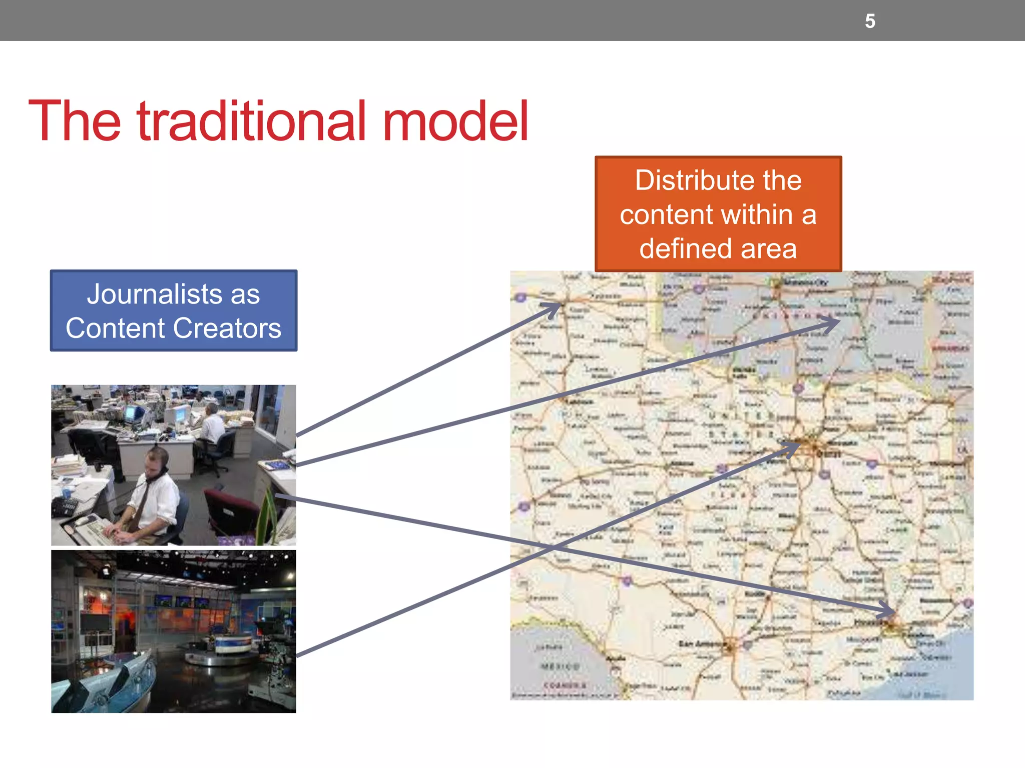 5

The traditional model
Distribute the
content within a
defined area
Journalists as
Content Creators

 