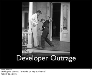 Developer Outrage
Thursday, May 6, 2010                             14

developers cry out, “it works on my machine!!!”
fu...