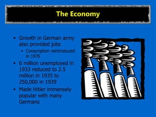 The Economy
 Growth in German army
also provided jobs
 Conscription reintroduced
in 1935
 6 million unemployed in
1933 reduced to 2.5
million in 1935 to
250,000 in 1939
 Made Hitler immensely
popular with many
Germans
 
