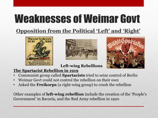 Weaknesses of Weimar Govt
Opposition from the Political ‘Left’ and ‘Right’
Left-wing Rebellions
The Spartacist Rebellion in 1919
• Communist group called Spartacists tried to seize control of Berlin
• Weimar Govt could not control the rebellion on their own
• Asked the Freikorps (a right-wing group) to crush the rebellion
Other examples of left-wing rebellion include the creation of the ‘People’s
Government’ in Bavaria, and the Red Army rebellion in 1920
 