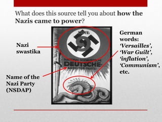 What does this source tell you about how the
Nazis came to power?
Nazi
swastika
German
words:
‘Versailles’,
‘War Guilt’,
‘inflation’,
‘Communism’,
etc.
Name of the
Nazi Party
(NSDAP)
 