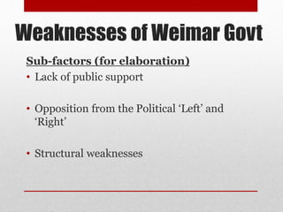 Weaknesses of Weimar Govt
Sub-factors (for elaboration)
• Lack of public support
• Opposition from the Political ‘Left’ and
‘Right’
• Structural weaknesses
 