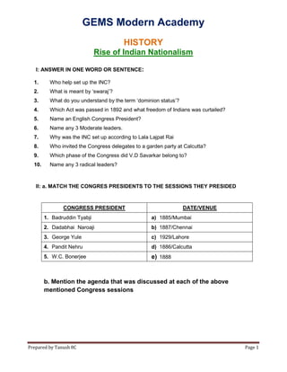 rise of indian nationalism great for students of grade 9 worksheet a