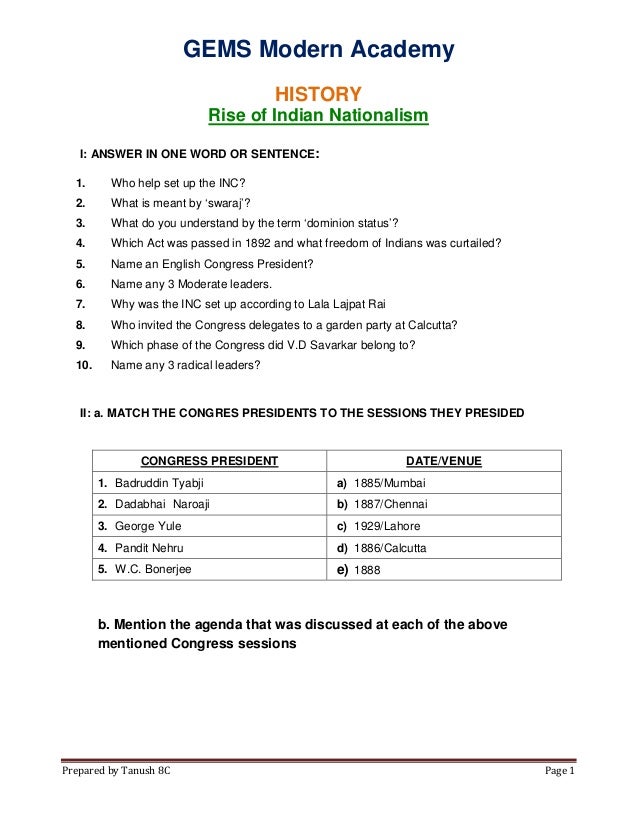 rise of indian nationalism great for students of grade 9 worksheet a