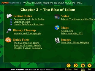 Chapter 3 – The Rise of Islam
Section Notes                   Video
Geography and Life in Arabia    Islamic Traditions and the World
Origins of Islam
Islamic Beliefs and Practices
                                Maps
History Close-up                Arabia, 570
Nomads and Townspeople          Islam in Arabia, 632


Quick Facts                     Images
The Five Pillars of Islam       Time Line: Three Religions
Sources of Islamic Beliefs
Chapter 3 Visual Summary
 