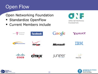 Open Flow
Open Networking Foundation
 Standardize OpenFlow
 Current Members include




                       21
 