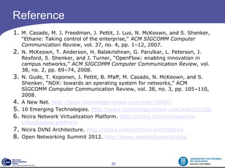 Reference
1. M. Casado, M. J. Freedman, J. Pettit, J. Luo, N. McKeown, and S. Shenker,
     “Ethane: Taking control of the enterprise,” ACM SIGCOMM Computer
     Communication Review, vol. 37, no. 4, pp. 1–12, 2007.
2.   N. McKeown, T. Anderson, H. Balakrishnan, G. Parulkar, L. Peterson, J.
     Rexford, S. Shenker, and J. Turner, “OpenFlow: enabling innovation in
     campus networks,” ACM SIGCOMM Computer Communication Review, vol.
     38, no. 2, pp. 69–74, 2008.
3.   N. Gude, T. Koponen, J. Pettit, B. Pfaff, M. Casado, N. McKeown, and S.
     Shenker, “NOX: towards an operating system for networks,” ACM
     SIGCOMM Computer Communication Review, vol. 38, no. 3, pp. 105–110,
     2008.
4.   A New Net. http://www.technologyreview.com/web/39631/
5.   10 Emerging Technologies. http://www.technologyreview.com/web/22120/
6.   Nicira Network Virtualization Platform. http://nicira.com/en/network-
     virtualization-platform
7.   Nicira DVNI Architecture. http://nicira.com/en/dvni-architecture
8.   Open Networking Summit 2012. http://www.opennetsummit.org/




                                      35
 