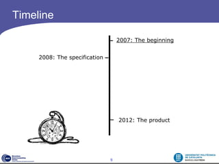 Timeline

                                   2007: The beginning


     2008: The specification




                                   2012: The product




                               9
 