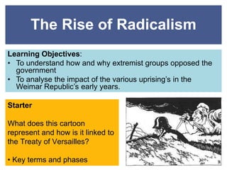 The Rise of Radicalism 
Learning Objectives: 
• To understand how and why extremist groups opposed the 
government 
• To analyse the impact of the various uprising’s in the 
Weimar Republic’s early years. 
Starter 
What does this cartoon 
represent and how is it linked to 
the Treaty of Versailles? 
• Key terms and phases 
 