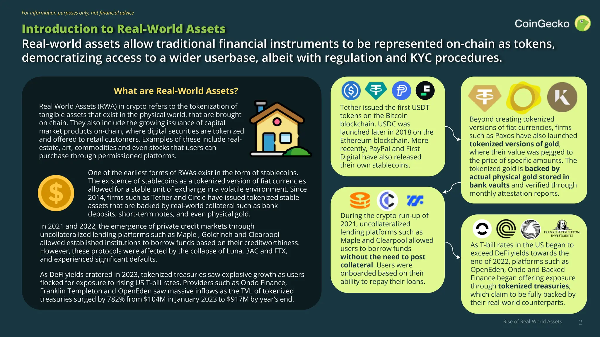 Rise of Real-World Assets
For information purposes only, not financial advice
2
Introduction to Real-World Assets
Real-world assets allow traditional financial instruments to be represented on-chain as tokens,
democratizing access to a wider userbase, albeit with regulation and KYC procedures.
Tether issued the first USDT
tokens on the Bitcoin
blockchain. USDC was
launched later in 2018 on the
Ethereum blockchain. More
recently, PayPal and First
Digital have also released
their own stablecoins.
Beyond creating tokenized
versions of fiat currencies, firms
such as Paxos have also launched
tokenized versions of gold,
where their value was pegged to
the price of specific amounts. The
tokenized gold is backed by
actual physical gold stored in
bank vaults and verified through
monthly attestation reports.
As T-bill rates in the US began to
exceed DeFi yields towards the
end of 2022, platforms such as
OpenEden, Ondo and Backed
Finance began offering exposure
through tokenized treasuries,
which claim to be fully backed by
their real-world counterparts.
What are Real-World Assets?
Real World Assets (RWA) in crypto refers to the tokenization of
tangible assets that exist in the physical world, that are brought
on chain. They also include the growing issuance of capital
market products on-chain, where digital securities are tokenized
and offered to retail customers. Examples of these include real-
estate, art, commodities and even stocks that users can
purchase through permissioned platforms.
As DeFi yields cratered in 2023, tokenized treasuries saw explosive growth as users
flocked for exposure to rising US T-bill rates. Providers such as Ondo Finance,
Franklin Templeton and OpenEden saw massive inflows as the TVL of tokenized
treasuries surged by 782% from $104M in January 2023 to $917M by year’s end.
One of the earliest forms of RWAs exist in the form of stablecoins.
The existence of stablecoins as a tokenized version of fiat currencies
allowed for a stable unit of exchange in a volatile environment. Since
2014, firms such as Tether and Circle have issued tokenized stable
assets that are backed by real-world collateral such as bank
deposits, short-term notes, and even physical gold.
In 2021 and 2022, the emergence of private credit markets through
uncollateralized lending platforms such as Maple , Goldfinch and Clearpool
allowed established institutions to borrow funds based on their creditworthiness.
However, these protocols were affected by the collapse of Luna, 3AC and FTX,
and experienced significant defaults.
During the crypto run-up of
2021, uncollateralized
lending platforms such as
Maple and Clearpool allowed
users to borrow funds
without the need to post
collateral. Users were
onboarded based on their
ability to repay their loans.
 