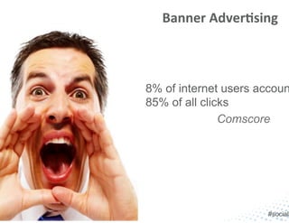 Banner	
  Adver:sing	
  
#sociali
8% of internet users accoun
85% of all clicks
Comscore
 