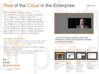 the  future  of  productivity Rise  of the  Cloud  in the Enterprise  Far more than a silver lining. The rise of the cloud has led to an evolution in how companies understand and define productivity. Today ’s cloud solutions make it possible for employees to work in the way that suits them best so they can be more productive without being bound to the physical workplace. And IT is realizing a significant cost savings as they transition their servers, server maintenance, and productivity workloads to the cloud. “ The cloud is helping companies reduce their infrastructure costs by 10 to 50 percent, and that's an amazing cost savings.” — Chris Capossela, Microsoft SVP  watch the video ,[object Object],[object Object],[object Object],[object Object],Learn more about our Enterprise Solutions : Read the Blog  get our perspective on trends and challenges. Download the Gadget  stay up-to-date on current trends. Visit our Website  learn about solutions for addressing business trends. Follow us on Twitter  get the latest news that is shaping  business productivity. 