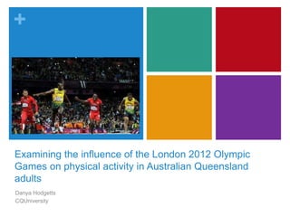 + 
Examining the influence of the London 2012 Olympic 
Games on physical activity in Australian Queensland 
adults 
Danya Hodgetts 
CQUniversity 
 
