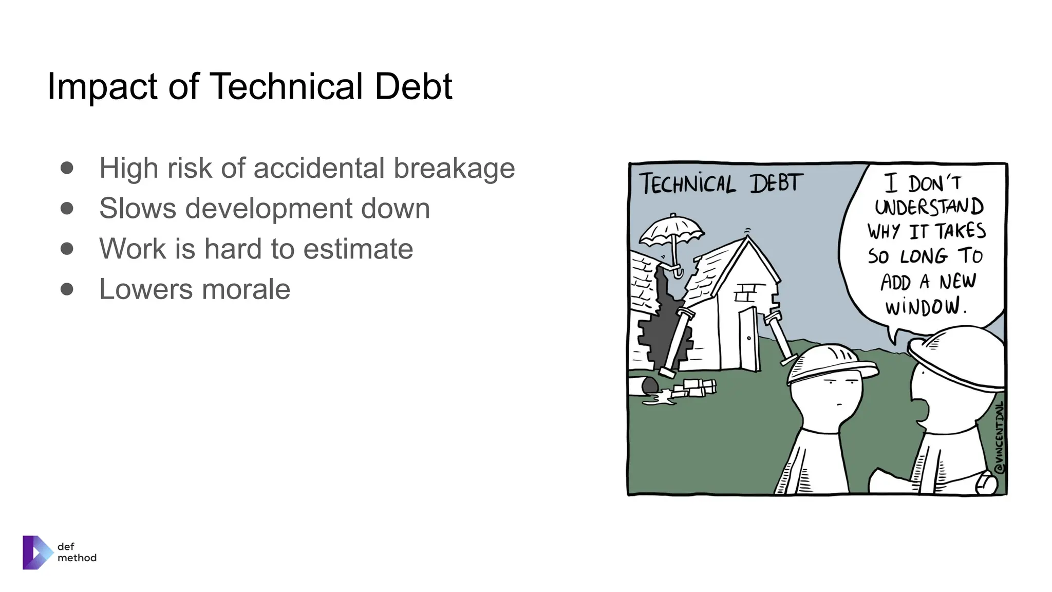Impact of Technical Debt
● High risk of accidental breakage
● Slows development down
● Work is hard to estimate
● Lowers morale
 