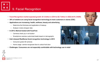 37
9. Facial Recognition
• Facial Recognition market expected growth: $1.3 billion in 2014 to $2.7 billion in 2022 (9.5% C...