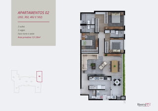 3 suítes
2 vagas
Face norte e oeste
Área privativa 121,58m2
APARTAMENTOS 02
(202, 302, 402 E 502)
 