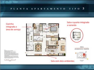Sala e quarto integrado
Cozinha
                                 a varanda
integrada a
área de serviço




                  Sala com dois ambientes
 
