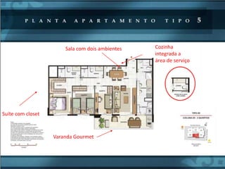 Sala com dois ambientes   Cozinha
                                                 integrada a
                                                 área de serviço




Suíte com closet



                   Varanda Gourmet
 