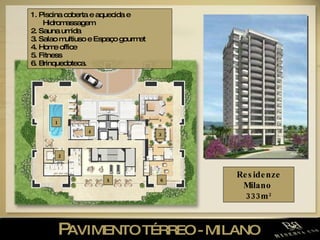 P AVIMENTO TÉRREO - MILANO  Residenze Milano  333m 2 1. Piscina coberta e aquecida e Hidromassagem 2. Sauna umida  3. Salao multiuso e Espaço gourmet 4. Home office  5. Fitness 6. Brinquedoteca. 1 2 6 3 5 4 