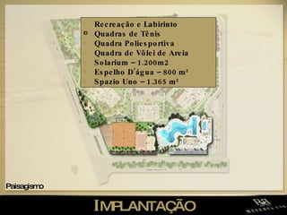 I MPLANTAÇÃO Paisagismo Recreação e Labirinto Quadras de Tênis  Quadra Poliesportiva  Quadra de Vôlei de Areia  Solarium – 1.200m2 Espelho D’água – 800 m² Spazio Uno – 1.365 m² 