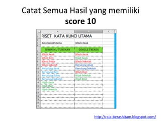 Catat	
 Semua	
 Hasil	
 yang	
 memiliki	
 	
 
score	
 10	
 
h"p://raja-­‐berashitam.blogspot.com/	
 	
 
 