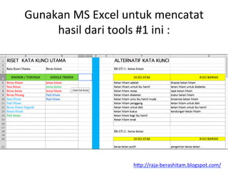 Gunakan	
 MS	
 Excel	
 untuk	
 mencatat	
 
hasil	
 dari	
 tools	
 #1	
 ini	
 :	
 
h"p://raja-­‐berashitam.blogspot.com/	
 	
 
 