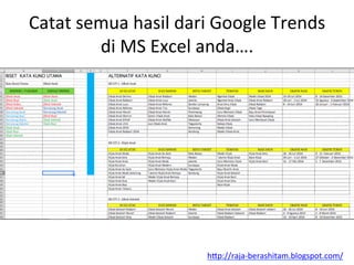 Catat	
 semua	
 hasil	
 dari	
 Google	
 Trends	
 
di	
 MS	
 Excel	
 anda….	
 
h"p://raja-­‐berashitam.blogspot.com/	
 	
 
 