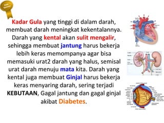 Kadar	
 Gula	
 yang	
 Lnggi	
 di	
 dalam	
 darah,	
 
membuat	
 darah	
 meningkat	
 kekentalannya.	
 	
 
Darah	
 yang	
 kental	
 akan	
 sulit	
 mengalir,	
 
sehingga	
 membuat	
 jantung	
 harus	
 bekerja	
 
lebih	
 keras	
 memompanya	
 agar	
 bisa	
 
memasuki	
 urat2	
 darah	
 yang	
 halus,	
 semisal	
 
urat	
 darah	
 menuju	
 mata	
 kita.	
 Darah	
 yang	
 
kental	
 juga	
 membuat	
 Ginjal	
 harus	
 bekerja	
 
keras	
 menyaring	
 darah,	
 sering	
 terjadi	
 
KEBUTAAN,	
 Gagal	
 jantung	
 dan	
 gagal	
 ginjal	
 
akibat	
 Diabetes.	
 
 