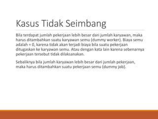 Kasus Tidak Seimbang
Bila terdapat jumlah pekerjaan lebih besar dari jumlah karyawan, maka
harus ditambahkan suatu karyawan semu (dummy worker). Biaya semu
adalah = 0, karena tidak akan terjadi biaya bila suatu pekerjaan
ditugaskan ke karyawan semu. Atau dengan kata lain karena sebenarnya
pekerjaan tersebut tidak dilaksanakan.
Sebaliknya bila jumlah karyawan lebih besar dari jumlah pekerjaan,
maka harus ditambahkan suatu pekerjaan semu (dummy job).
 