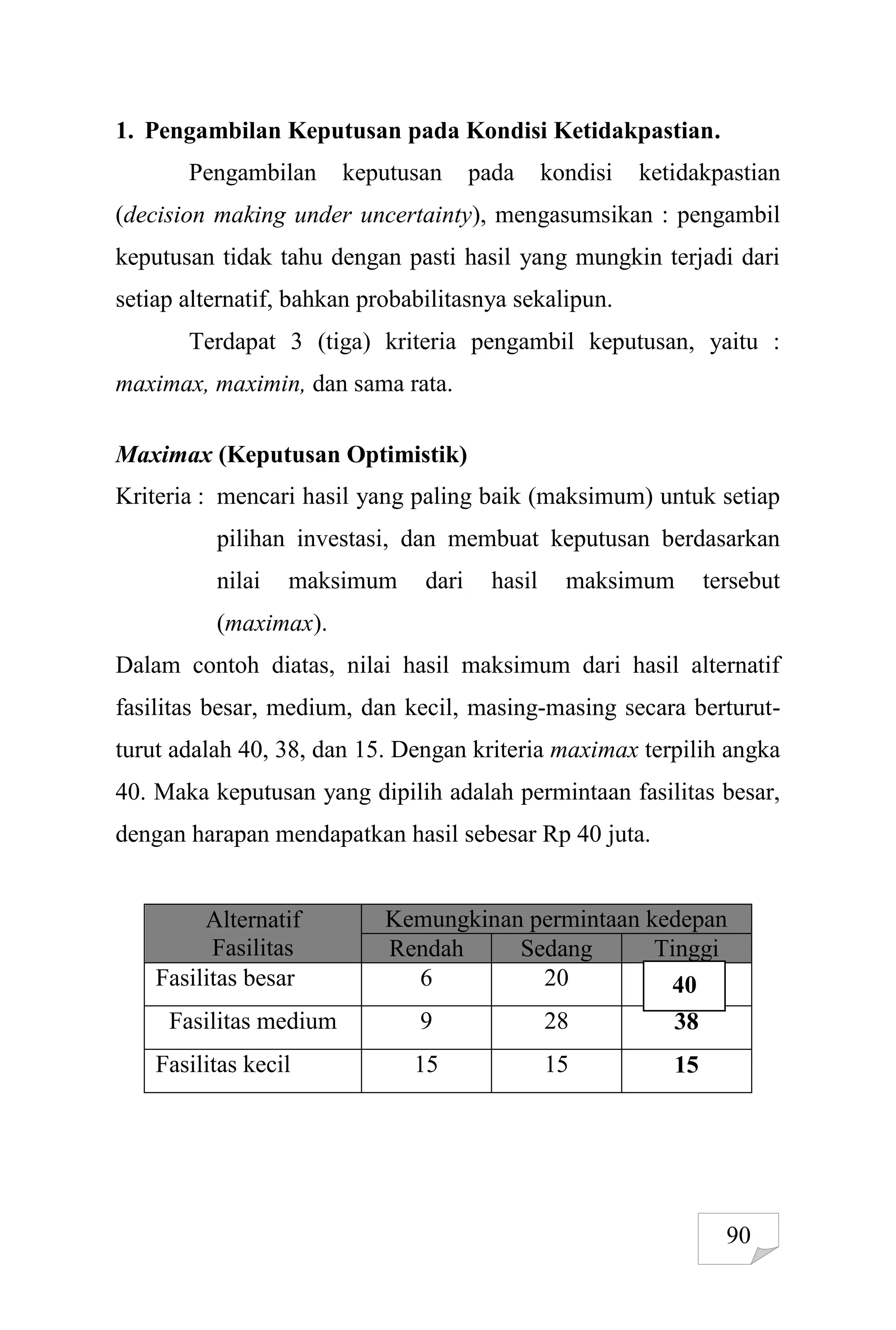 90
1. Pengambilan Keputusan pada Kondisi Ketidakpastian.
Pengambilan keputusan pada kondisi ketidakpastian
(decision making under uncertainty), mengasumsikan : pengambil
keputusan tidak tahu dengan pasti hasil yang mungkin terjadi dari
setiap alternatif, bahkan probabilitasnya sekalipun.
Terdapat 3 (tiga) kriteria pengambil keputusan, yaitu :
maximax, maximin, dan sama rata.
Maximax (Keputusan Optimistik)
Kriteria : mencari hasil yang paling baik (maksimum) untuk setiap
pilihan investasi, dan membuat keputusan berdasarkan
nilai maksimum dari hasil maksimum tersebut
(maximax).
Dalam contoh diatas, nilai hasil maksimum dari hasil alternatif
fasilitas besar, medium, dan kecil, masing-masing secara berturut-
turut adalah 40, 38, dan 15. Dengan kriteria maximax terpilih angka
40. Maka keputusan yang dipilih adalah permintaan fasilitas besar,
dengan harapan mendapatkan hasil sebesar Rp 40 juta.
Alternatif
Fasilitas
Kemungkinan permintaan kedepan
Rendah Sedang Tinggi
Fasilitas besar 6 20 4
Fasilitas medium 9 28 38
Fasilitas kecil 15 15 15
40
 