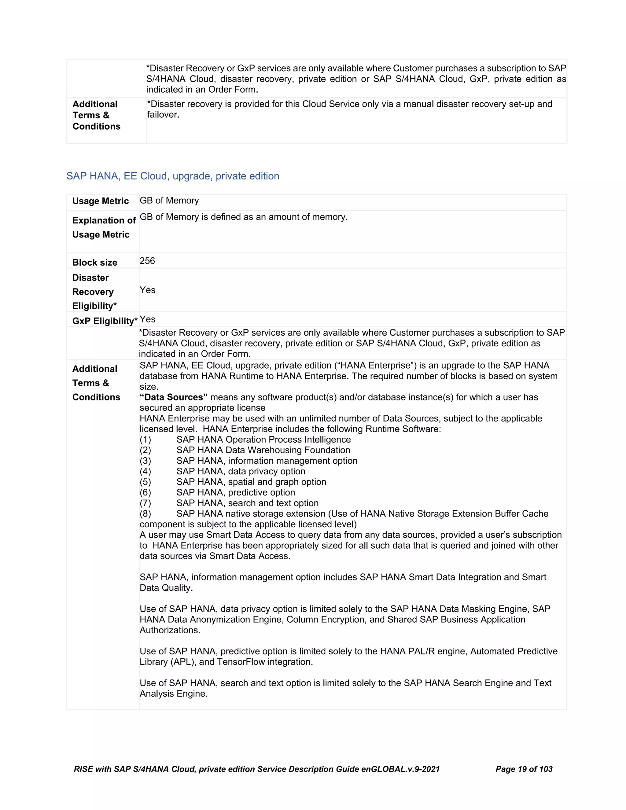 RISE with SAP S/4HANA Cloud, private edition Service Description Guide enGLOBAL.v.9-2021 Page 19 of 103
*Disaster Recovery or GxP services are only available where Customer purchases a subscription to SAP
S/4HANA Cloud, disaster recovery, private edition or SAP S/4HANA Cloud, GxP, private edition as
indicated in an Order Form.
Additional
Terms &
Conditions
*Disaster recovery is provided for this Cloud Service only via a manual disaster recovery set-up and
failover.
SAP HANA, EE Cloud, upgrade, private edition
Usage Metric GB of Memory
Explanation of
Usage Metric
GB of Memory is defined as an amount of memory.
Block size 256
Disaster
Recovery
Eligibility*
Yes
GxP Eligibility* Yes
*Disaster Recovery or GxP services are only available where Customer purchases a subscription to SAP
S/4HANA Cloud, disaster recovery, private edition or SAP S/4HANA Cloud, GxP, private edition as
indicated in an Order Form.
Additional
Terms &
Conditions
SAP HANA, EE Cloud, upgrade, private edition (“HANA Enterprise”) is an upgrade to the SAP HANA
database from HANA Runtime to HANA Enterprise. The required number of blocks is based on system
size.
“Data Sources” means any software product(s) and/or database instance(s) for which a user has
secured an appropriate license
HANA Enterprise may be used with an unlimited number of Data Sources, subject to the applicable
licensed level. HANA Enterprise includes the following Runtime Software:
(1) SAP HANA Operation Process Intelligence
(2) SAP HANA Data Warehousing Foundation
(3) SAP HANA, information management option
(4) SAP HANA, data privacy option
(5) SAP HANA, spatial and graph option
(6) SAP HANA, predictive option
(7) SAP HANA, search and text option
(8) SAP HANA native storage extension (Use of HANA Native Storage Extension Buffer Cache
component is subject to the applicable licensed level)
A user may use Smart Data Access to query data from any data sources, provided a user’s subscription
to HANA Enterprise has been appropriately sized for all such data that is queried and joined with other
data sources via Smart Data Access.
SAP HANA, information management option includes SAP HANA Smart Data Integration and Smart
Data Quality.
Use of SAP HANA, data privacy option is limited solely to the SAP HANA Data Masking Engine, SAP
HANA Data Anonymization Engine, Column Encryption, and Shared SAP Business Application
Authorizations.
Use of SAP HANA, predictive option is limited solely to the HANA PAL/R engine, Automated Predictive
Library (APL), and TensorFlow integration.
Use of SAP HANA, search and text option is limited solely to the SAP HANA Search Engine and Text
Analysis Engine.
 