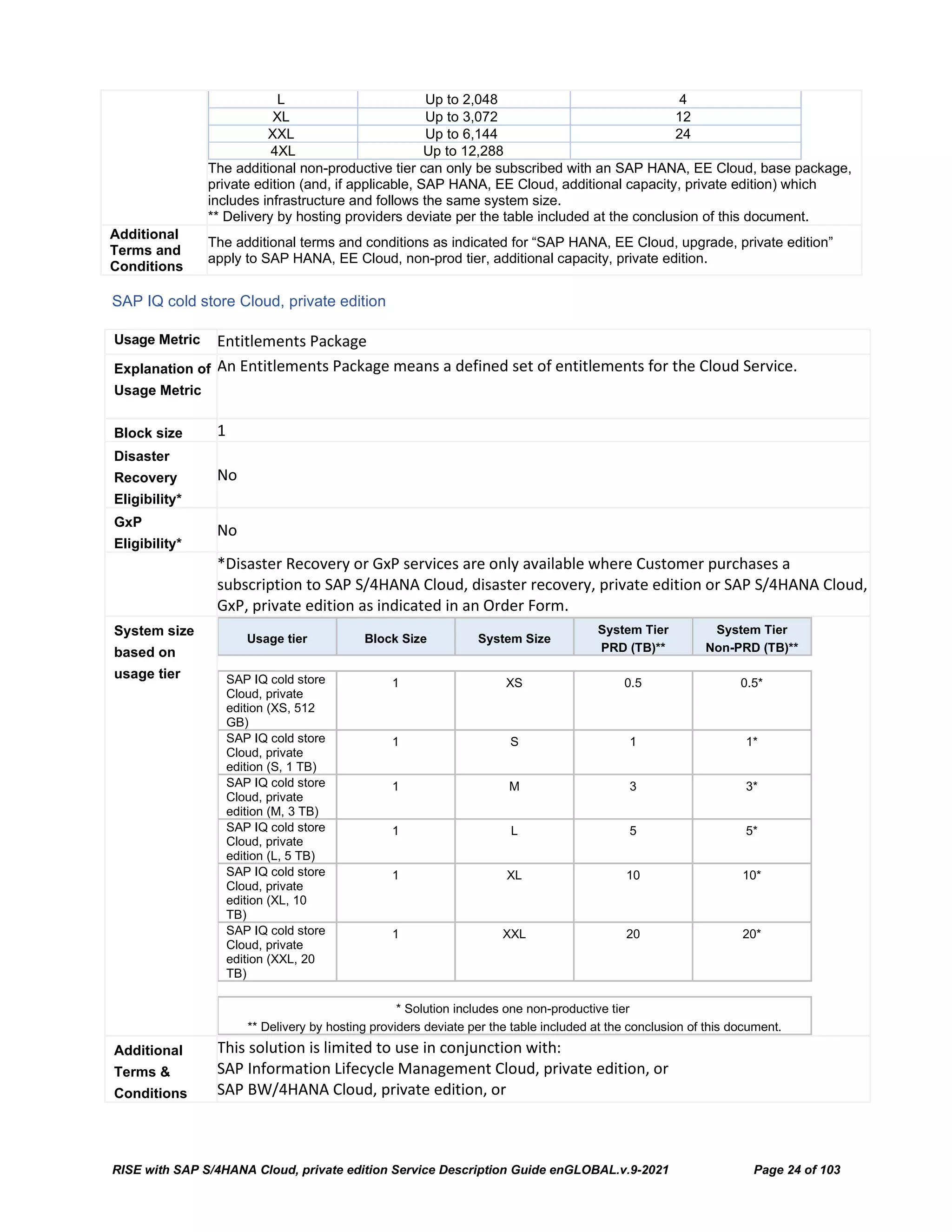 RISE with SAP S/4HANA Cloud, private edition Service Description Guide enGLOBAL.v.9-2021 Page 24 of 103
L Up to 2,048 4
XL Up to 3,072 12
XXL Up to 6,144 24
4XL Up to 12,288
The additional non-productive tier can only be subscribed with an SAP HANA, EE Cloud, base package,
private edition (and, if applicable, SAP HANA, EE Cloud, additional capacity, private edition) which
includes infrastructure and follows the same system size.
** Delivery by hosting providers deviate per the table included at the conclusion of this document.
Additional
Terms and
Conditions
The additional terms and conditions as indicated for “SAP HANA, EE Cloud, upgrade, private edition”
apply to SAP HANA, EE Cloud, non-prod tier, additional capacity, private edition.
SAP IQ cold store Cloud, private edition
Usage Metric Entitlements Package
Explanation of
Usage Metric
An Entitlements Package means a defined set of entitlements for the Cloud Service.
Block size 1
Disaster
Recovery
Eligibility*
No
GxP
Eligibility*
No
*Disaster Recovery or GxP services are only available where Customer purchases a
subscription to SAP S/4HANA Cloud, disaster recovery, private edition or SAP S/4HANA Cloud,
GxP, private edition as indicated in an Order Form.
System size
based on
usage tier
Usage tier Block Size System Size
System Tier
PRD (TB)**
System Tier
Non-PRD (TB)**
SAP IQ cold store
Cloud, private
edition (XS, 512
GB)
1 XS 0.5 0.5*
SAP IQ cold store
Cloud, private
edition (S, 1 TB)
1 S 1 1*
SAP IQ cold store
Cloud, private
edition (M, 3 TB)
1 M 3 3*
SAP IQ cold store
Cloud, private
edition (L, 5 TB)
1 L 5 5*
SAP IQ cold store
Cloud, private
edition (XL, 10
TB)
1 XL 10 10*
SAP IQ cold store
Cloud, private
edition (XXL, 20
TB)
1 XXL 20 20*
* Solution includes one non-productive tier
** Delivery by hosting providers deviate per the table included at the conclusion of this document.
Additional
Terms &
Conditions
This solution is limited to use in conjunction with:
SAP Information Lifecycle Management Cloud, private edition, or
SAP BW/4HANA Cloud, private edition, or
 