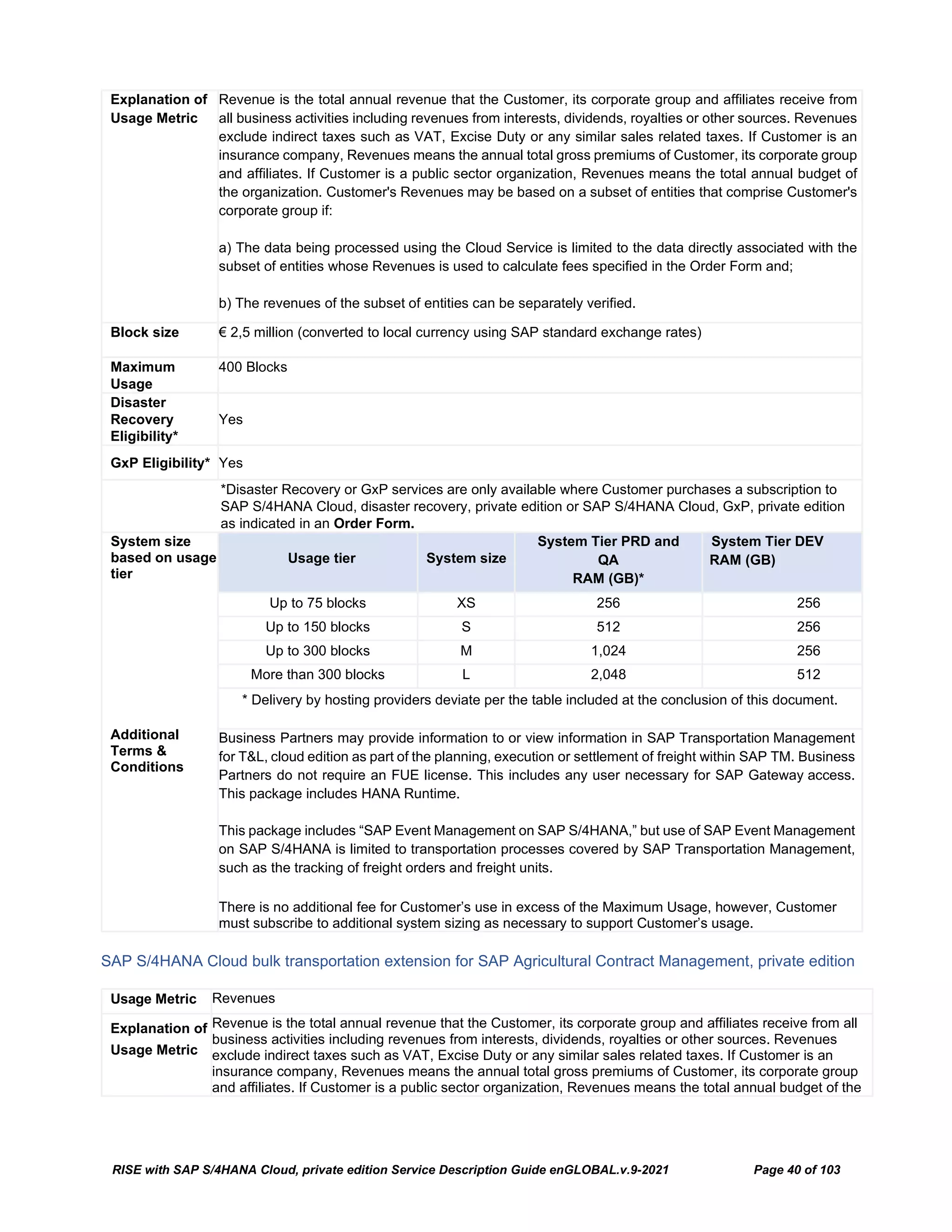 RISE with SAP S/4HANA Cloud, private edition Service Description Guide enGLOBAL.v.9-2021 Page 40 of 103
Explanation of
Usage Metric
Revenue is the total annual revenue that the Customer, its corporate group and affiliates receive from
all business activities including revenues from interests, dividends, royalties or other sources. Revenues
exclude indirect taxes such as VAT, Excise Duty or any similar sales related taxes. If Customer is an
insurance company, Revenues means the annual total gross premiums of Customer, its corporate group
and affiliates. If Customer is a public sector organization, Revenues means the total annual budget of
the organization. Customer's Revenues may be based on a subset of entities that comprise Customer's
corporate group if:
a) The data being processed using the Cloud Service is limited to the data directly associated with the
subset of entities whose Revenues is used to calculate fees specified in the Order Form and;
b) The revenues of the subset of entities can be separately verified.
Block size € 2,5 million (converted to local currency using SAP standard exchange rates)
Maximum
Usage
400 Blocks
Disaster
Recovery
Eligibility*
Yes
GxP Eligibility* Yes
*Disaster Recovery or GxP services are only available where Customer purchases a subscription to
SAP S/4HANA Cloud, disaster recovery, private edition or SAP S/4HANA Cloud, GxP, private edition
as indicated in an Order Form.
System size
based on usage
tier
Additional
Terms &
Conditions
Usage tier System size
System Tier PRD and
QA
RAM (GB)*
System Tier DEV
RAM (GB)
Up to 75 blocks XS 256 256
Up to 150 blocks S 512 256
Up to 300 blocks M 1,024 256
More than 300 blocks L 2,048 512
* Delivery by hosting providers deviate per the table included at the conclusion of this document.
Business Partners may provide information to or view information in SAP Transportation Management
for T&L, cloud edition as part of the planning, execution or settlement of freight within SAP TM. Business
Partners do not require an FUE license. This includes any user necessary for SAP Gateway access.
This package includes HANA Runtime.
This package includes “SAP Event Management on SAP S/4HANA,” but use of SAP Event Management
on SAP S/4HANA is limited to transportation processes covered by SAP Transportation Management,
such as the tracking of freight orders and freight units.
There is no additional fee for Customer’s use in excess of the Maximum Usage, however, Customer
must subscribe to additional system sizing as necessary to support Customer’s usage.
SAP S/4HANA Cloud bulk transportation extension for SAP Agricultural Contract Management, private edition
Usage Metric Revenues
Explanation of
Usage Metric
Revenue is the total annual revenue that the Customer, its corporate group and affiliates receive from all
business activities including revenues from interests, dividends, royalties or other sources. Revenues
exclude indirect taxes such as VAT, Excise Duty or any similar sales related taxes. If Customer is an
insurance company, Revenues means the annual total gross premiums of Customer, its corporate group
and affiliates. If Customer is a public sector organization, Revenues means the total annual budget of the
 