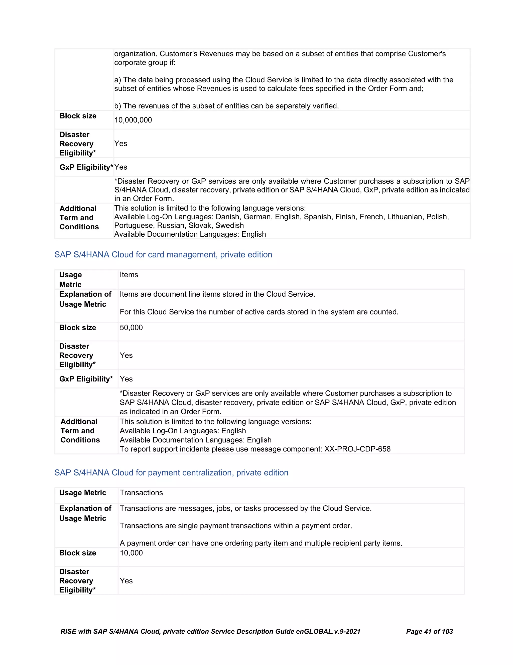 RISE with SAP S/4HANA Cloud, private edition Service Description Guide enGLOBAL.v.9-2021 Page 41 of 103
organization. Customer's Revenues may be based on a subset of entities that comprise Customer's
corporate group if:
a) The data being processed using the Cloud Service is limited to the data directly associated with the
subset of entities whose Revenues is used to calculate fees specified in the Order Form and;
b) The revenues of the subset of entities can be separately verified.
Block size
10,000,000
Disaster
Recovery
Eligibility*
Yes
GxP Eligibility*Yes
*Disaster Recovery or GxP services are only available where Customer purchases a subscription to SAP
S/4HANA Cloud, disaster recovery, private edition or SAP S/4HANA Cloud, GxP, private edition as indicated
in an Order Form.
Additional
Term and
Conditions
This solution is limited to the following language versions:
Available Log-On Languages: Danish, German, English, Spanish, Finish, French, Lithuanian, Polish,
Portuguese, Russian, Slovak, Swedish
Available Documentation Languages: English
SAP S/4HANA Cloud for card management, private edition
Usage
Metric
Items
Explanation of
Usage Metric
Items are document line items stored in the Cloud Service.
For this Cloud Service the number of active cards stored in the system are counted.
Block size 50,000
Disaster
Recovery
Eligibility*
Yes
GxP Eligibility* Yes
*Disaster Recovery or GxP services are only available where Customer purchases a subscription to
SAP S/4HANA Cloud, disaster recovery, private edition or SAP S/4HANA Cloud, GxP, private edition
as indicated in an Order Form.
Additional
Term and
Conditions
This solution is limited to the following language versions:
Available Log-On Languages: English
Available Documentation Languages: English
To report support incidents please use message component: XX-PROJ-CDP-658
SAP S/4HANA Cloud for payment centralization, private edition
Usage Metric Transactions
Explanation of
Usage Metric
Transactions are messages, jobs, or tasks processed by the Cloud Service.
Transactions are single payment transactions within a payment order.
A payment order can have one ordering party item and multiple recipient party items.
Block size 10,000
Disaster
Recovery
Eligibility*
Yes
 