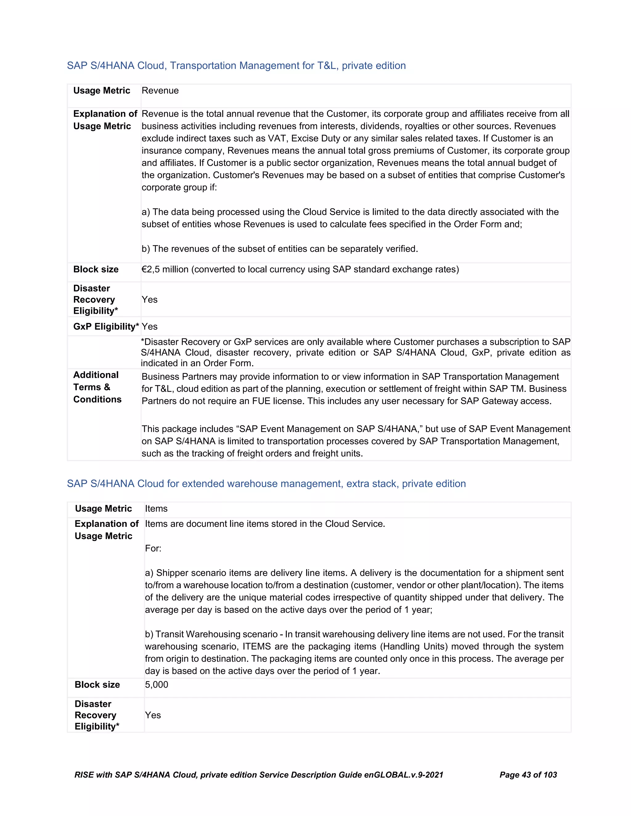 RISE with SAP S/4HANA Cloud, private edition Service Description Guide enGLOBAL.v.9-2021 Page 43 of 103
SAP S/4HANA Cloud, Transportation Management for T&L, private edition
Usage Metric Revenue
Explanation of
Usage Metric
Revenue is the total annual revenue that the Customer, its corporate group and affiliates receive from all
business activities including revenues from interests, dividends, royalties or other sources. Revenues
exclude indirect taxes such as VAT, Excise Duty or any similar sales related taxes. If Customer is an
insurance company, Revenues means the annual total gross premiums of Customer, its corporate group
and affiliates. If Customer is a public sector organization, Revenues means the total annual budget of
the organization. Customer's Revenues may be based on a subset of entities that comprise Customer's
corporate group if:
a) The data being processed using the Cloud Service is limited to the data directly associated with the
subset of entities whose Revenues is used to calculate fees specified in the Order Form and;
b) The revenues of the subset of entities can be separately verified.
Block size €2,5 million (converted to local currency using SAP standard exchange rates)
Disaster
Recovery
Eligibility*
Yes
GxP Eligibility* Yes
*Disaster Recovery or GxP services are only available where Customer purchases a subscription to SAP
S/4HANA Cloud, disaster recovery, private edition or SAP S/4HANA Cloud, GxP, private edition as
indicated in an Order Form.
Additional
Terms &
Conditions
Business Partners may provide information to or view information in SAP Transportation Management
for T&L, cloud edition as part of the planning, execution or settlement of freight within SAP TM. Business
Partners do not require an FUE license. This includes any user necessary for SAP Gateway access.
This package includes “SAP Event Management on SAP S/4HANA,” but use of SAP Event Management
on SAP S/4HANA is limited to transportation processes covered by SAP Transportation Management,
such as the tracking of freight orders and freight units.
SAP S/4HANA Cloud for extended warehouse management, extra stack, private edition
Usage Metric Items
Explanation of
Usage Metric
Items are document line items stored in the Cloud Service.
For:
a) Shipper scenario items are delivery line items. A delivery is the documentation for a shipment sent
to/from a warehouse location to/from a destination (customer, vendor or other plant/location). The items
of the delivery are the unique material codes irrespective of quantity shipped under that delivery. The
average per day is based on the active days over the period of 1 year;
b) Transit Warehousing scenario - In transit warehousing delivery line items are not used. For the transit
warehousing scenario, ITEMS are the packaging items (Handling Units) moved through the system
from origin to destination. The packaging items are counted only once in this process. The average per
day is based on the active days over the period of 1 year.
Block size 5,000
Disaster
Recovery
Eligibility*
Yes
 