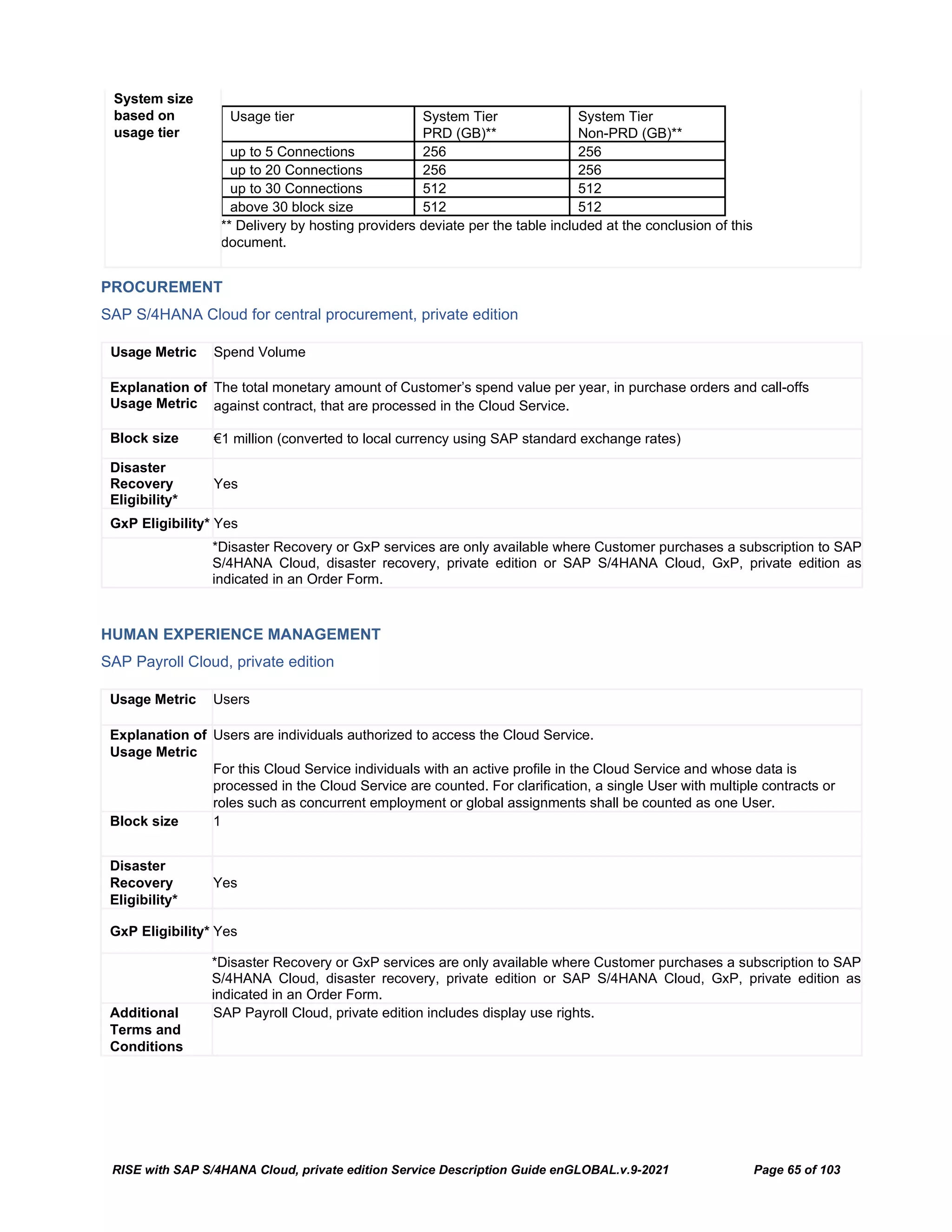 RISE with SAP S/4HANA Cloud, private edition Service Description Guide enGLOBAL.v.9-2021 Page 65 of 103
System size
based on
usage tier
Usage tier System Tier
PRD (GB)**
System Tier
Non-PRD (GB)**
up to 5 Connections 256 256
up to 20 Connections 256 256
up to 30 Connections 512 512
above 30 block size 512 512
** Delivery by hosting providers deviate per the table included at the conclusion of this
document.
PROCUREMENT
SAP S/4HANA Cloud for central procurement, private edition
Usage Metric Spend Volume
Explanation of
Usage Metric
The total monetary amount of Customer’s spend value per year, in purchase orders and call-offs
against contract, that are processed in the Cloud Service.
Block size €1 million (converted to local currency using SAP standard exchange rates)
Disaster
Recovery
Eligibility*
Yes
GxP Eligibility* Yes
*Disaster Recovery or GxP services are only available where Customer purchases a subscription to SAP
S/4HANA Cloud, disaster recovery, private edition or SAP S/4HANA Cloud, GxP, private edition as
indicated in an Order Form.
HUMAN EXPERIENCE MANAGEMENT
SAP Payroll Cloud, private edition
Usage Metric Users
Explanation of
Usage Metric
Users are individuals authorized to access the Cloud Service.
For this Cloud Service individuals with an active profile in the Cloud Service and whose data is
processed in the Cloud Service are counted. For clarification, a single User with multiple contracts or
roles such as concurrent employment or global assignments shall be counted as one User.
Block size 1
Disaster
Recovery
Eligibility*
Yes
GxP Eligibility* Yes
*Disaster Recovery or GxP services are only available where Customer purchases a subscription to SAP
S/4HANA Cloud, disaster recovery, private edition or SAP S/4HANA Cloud, GxP, private edition as
indicated in an Order Form.
Additional
Terms and
Conditions
SAP Payroll Cloud, private edition includes display use rights.
 