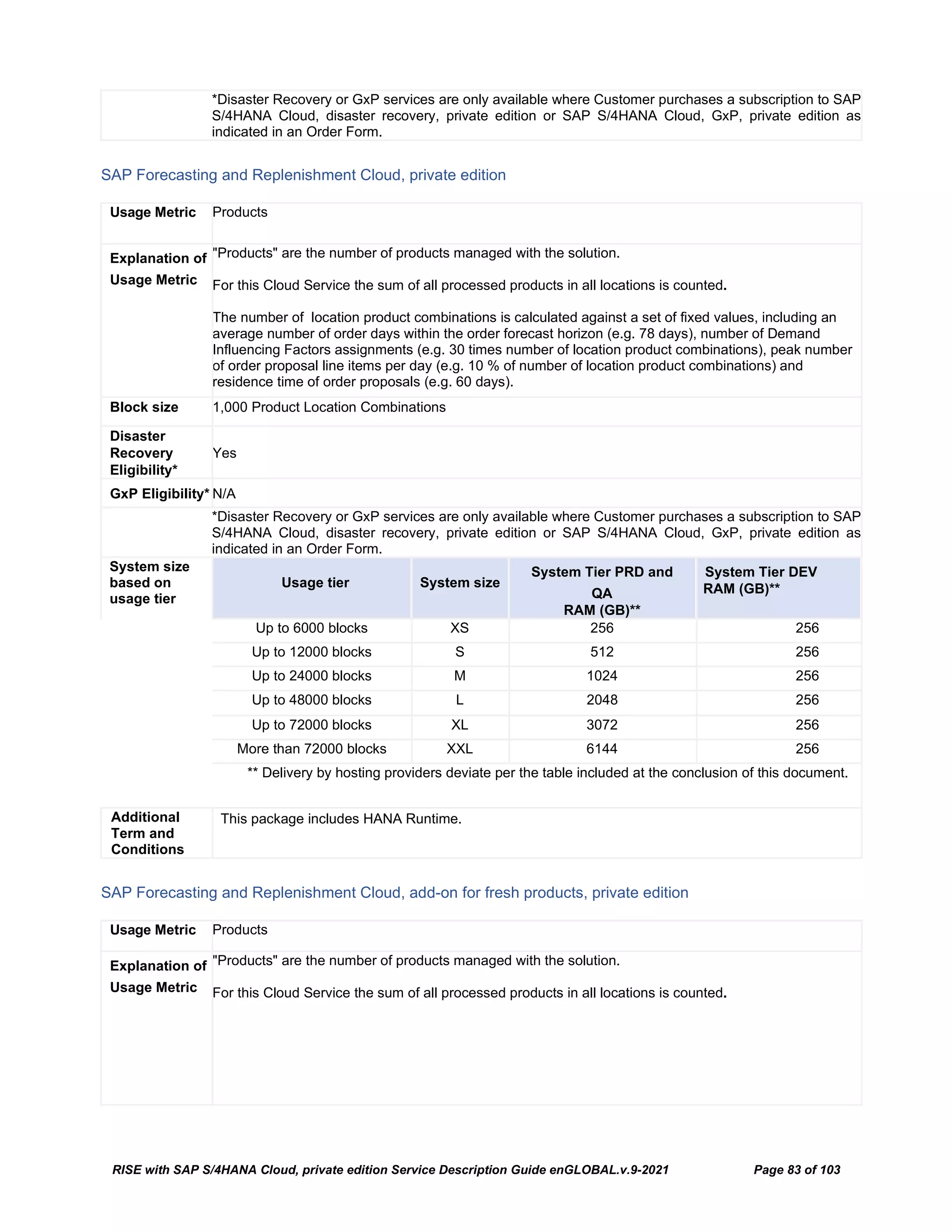 RISE with SAP S/4HANA Cloud, private edition Service Description Guide enGLOBAL.v.9-2021 Page 83 of 103
*Disaster Recovery or GxP services are only available where Customer purchases a subscription to SAP
S/4HANA Cloud, disaster recovery, private edition or SAP S/4HANA Cloud, GxP, private edition as
indicated in an Order Form.
SAP Forecasting and Replenishment Cloud, private edition
Usage Metric Products
Explanation of
Usage Metric
"Products" are the number of products managed with the solution.
For this Cloud Service the sum of all processed products in all locations is counted.
The number of location product combinations is calculated against a set of fixed values, including an
average number of order days within the order forecast horizon (e.g. 78 days), number of Demand
Influencing Factors assignments (e.g. 30 times number of location product combinations), peak number
of order proposal line items per day (e.g. 10 % of number of location product combinations) and
residence time of order proposals (e.g. 60 days).
Block size 1,000 Product Location Combinations
Disaster
Recovery
Eligibility*
Yes
GxP Eligibility* N/A
*Disaster Recovery or GxP services are only available where Customer purchases a subscription to SAP
S/4HANA Cloud, disaster recovery, private edition or SAP S/4HANA Cloud, GxP, private edition as
indicated in an Order Form.
System size
based on
usage tier
Usage tier System size
System Tier PRD and
QA
RAM (GB)**
System Tier DEV
RAM (GB)**
Up to 6000 blocks XS 256 256
Up to 12000 blocks S 512 256
Up to 24000 blocks M 1024 256
Up to 48000 blocks L 2048 256
Up to 72000 blocks XL 3072 256
More than 72000 blocks XXL 6144 256
** Delivery by hosting providers deviate per the table included at the conclusion of this document.
Additional
Term and
Conditions
This package includes HANA Runtime.
SAP Forecasting and Replenishment Cloud, add-on for fresh products, private edition
Usage Metric Products
Explanation of
Usage Metric
"Products" are the number of products managed with the solution.
For this Cloud Service the sum of all processed products in all locations is counted.
 