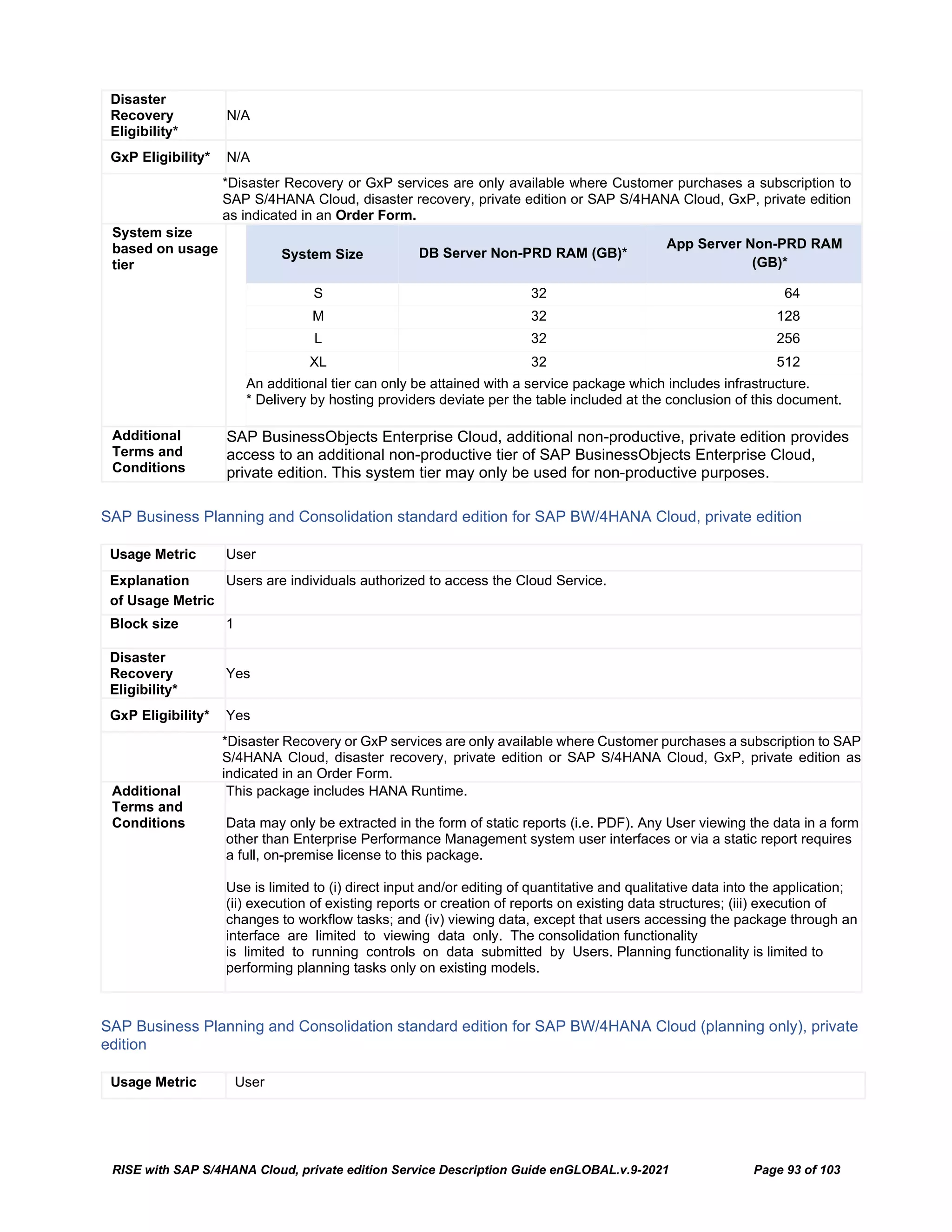 RISE with SAP S/4HANA Cloud, private edition Service Description Guide enGLOBAL.v.9-2021 Page 93 of 103
Disaster
Recovery
Eligibility*
N/A
GxP Eligibility* N/A
*Disaster Recovery or GxP services are only available where Customer purchases a subscription to
SAP S/4HANA Cloud, disaster recovery, private edition or SAP S/4HANA Cloud, GxP, private edition
as indicated in an Order Form.
System size
based on usage
tier
System Size DB Server Non-PRD RAM (GB)*
App Server Non-PRD RAM
(GB)*
S 32 64
M 32 128
L 32 256
XL 32 512
An additional tier can only be attained with a service package which includes infrastructure.
* Delivery by hosting providers deviate per the table included at the conclusion of this document.
Additional
Terms and
Conditions
SAP BusinessObjects Enterprise Cloud, additional non-productive, private edition provides
access to an additional non-productive tier of SAP BusinessObjects Enterprise Cloud,
private edition. This system tier may only be used for non-productive purposes.
SAP Business Planning and Consolidation standard edition for SAP BW/4HANA Cloud, private edition
Usage Metric User
Explanation
of Usage Metric
Users are individuals authorized to access the Cloud Service.
Block size 1
Disaster
Recovery
Eligibility*
Yes
GxP Eligibility* Yes
*Disaster Recovery or GxP services are only available where Customer purchases a subscription to SAP
S/4HANA Cloud, disaster recovery, private edition or SAP S/4HANA Cloud, GxP, private edition as
indicated in an Order Form.
Additional
Terms and
Conditions
This package includes HANA Runtime.
Data may only be extracted in the form of static reports (i.e. PDF). Any User viewing the data in a form
other than Enterprise Performance Management system user interfaces or via a static report requires
a full, on-premise license to this package.
Use is limited to (i) direct input and/or editing of quantitative and qualitative data into the application;
(ii) execution of existing reports or creation of reports on existing data structures; (iii) execution of
changes to workflow tasks; and (iv) viewing data, except that users accessing the package through an
interface are limited to viewing data only. The consolidation functionality
is limited to running controls on data submitted by Users. Planning functionality is limited to
performing planning tasks only on existing models.
SAP Business Planning and Consolidation standard edition for SAP BW/4HANA Cloud (planning only), private
edition
Usage Metric User
 