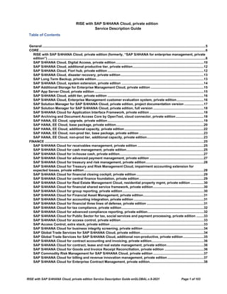 RISE with SAP S/4HANA Cloud, private edition Service Description Guide enGLOBAL.v.9-2021 Page 1 of 103
RISE with SAP S/4HANA Cloud, private edition
Service Description Guide
Table of Contents
General...............................................................................................................................................................................5
CORE..................................................................................................................................................................................6
RISE with SAP S/4HANA Cloud, private edition (formerly, “SAP S/4HANA for enterprise management, private
edition”) .........................................................................................................................................................................6
SAP S/4HANA Cloud, Digital Access, private edition..............................................................................................10
SAP S/4HANA Cloud, additional productive tier, private edition............................................................................12
SAP S/4HANA Cloud, Fiori hub, private edition .......................................................................................................12
SAP S/4HANA Cloud, disaster recovery, private edition.........................................................................................13
SAP Long Term Backup, private edition...................................................................................................................13
SAP S/4HANA Cloud, system extension, private edition ........................................................................................14
SAP Additional Storage for Enterprise Management Cloud, private edition .........................................................15
SAP App Server Cloud, private edition.....................................................................................................................15
SAP S/4HANA Cloud, addit tier, private edition .......................................................................................................16
SAP S/4HANA Cloud, Enterprise Management customer evaluation system, private edition.............................16
SAP Solution Manager for SAP S/4HANA Cloud, private edition, project documentation version .....................17
SAP Solution Manager for SAP S/4HANA Cloud, private edition, full version ......................................................18
SAP S/4HANA Cloud for Application Interface Framework, private edition ..........................................................18
SAP Archiving and Document Access Core by OpenText, cloud connector, private edition..............................18
SAP HANA, EE Cloud, upgrade, private edition.......................................................................................................19
SAP HANA, EE Cloud, base package, private edition..............................................................................................20
SAP HANA, EE Cloud, additional capacity, private edition.....................................................................................22
SAP HANA, EE Cloud, non-prod tier, base package, private edition .....................................................................23
SAP HANA, EE Cloud, non-prod tier, additional capacity, private edition.............................................................23
FINANCE ..........................................................................................................................................................................25
SAP S/4HANA Cloud for receivables management, private edition .......................................................................25
SAP S/4HANA Cloud for cash management, private edition...................................................................................25
SAP S/4HANA Cloud for in-house cash, private edition..........................................................................................27
SAP S/4HANA Cloud for advanced payment management, private edition ..........................................................27
SAP S/4HANA Cloud for treasury and risk management, private edition..............................................................28
SAP S/4HANA Cloud for Treasury and Risk Management Cloud, impairment accounting extension for
expected losses, private edition................................................................................................................................28
SAP S/4HANA Cloud for financial closing cockpit, private edition ........................................................................29
SAP S/4HANA Cloud for central finance foundation, private edition.....................................................................29
SAP S/4HANA Cloud for Real Estate Management Cloud, residential property mgmt, private edition ..............30
SAP S/4HANA Cloud for financial shared service framework, private edition......................................................30
SAP S/4HANA Cloud for group reporting, private edition.......................................................................................30
SAP S/4HANA Cloud for Financial Asset Management, private edition.................................................................31
SAP S/4HANA Cloud for accounting integration, private edition ...........................................................................31
SAP S/4HANA Cloud for financial three lines of defense, private edition .............................................................31
SAP S/4HANA Cloud for tax compliance, private edition........................................................................................32
SAP S/4HANA Cloud for advanced compliance reporting, private edition............................................................32
SAP S/4HANA Cloud for Public Sector for tax, social services and payment processing, private edition ........33
SAP S/4HANA Cloud for access control, private edition.........................................................................................33
SAP Access Control, extra stack, private edition ....................................................................................................33
SAP S/4HANA Cloud for business integrity screening, private edition .................................................................34
SAP Global Trade Services for SAP S/4HANA Cloud, private edition....................................................................34
SAP Global Trade Services for SAP S/4HANA Cloud, additional non-productive, private edition......................35
SAP S/4HANA Cloud for contract accounting and invoicing, private edition........................................................36
SAP S/4HANA Cloud for contract, lease and real estate management, private edition........................................36
SAP S/4HANA Cloud for Goods and Invoice Receipt Reconciliation, private edition ..........................................36
SAP Commodity Risk Management for SAP S/4HANA Cloud, private edition ......................................................37
SAP S/4HANA Cloud for billing and revenue innovation management, private edition.......................................37
SAP S/4HANA Cloud for Enterprise Contract Management, private edition..........................................................38
 