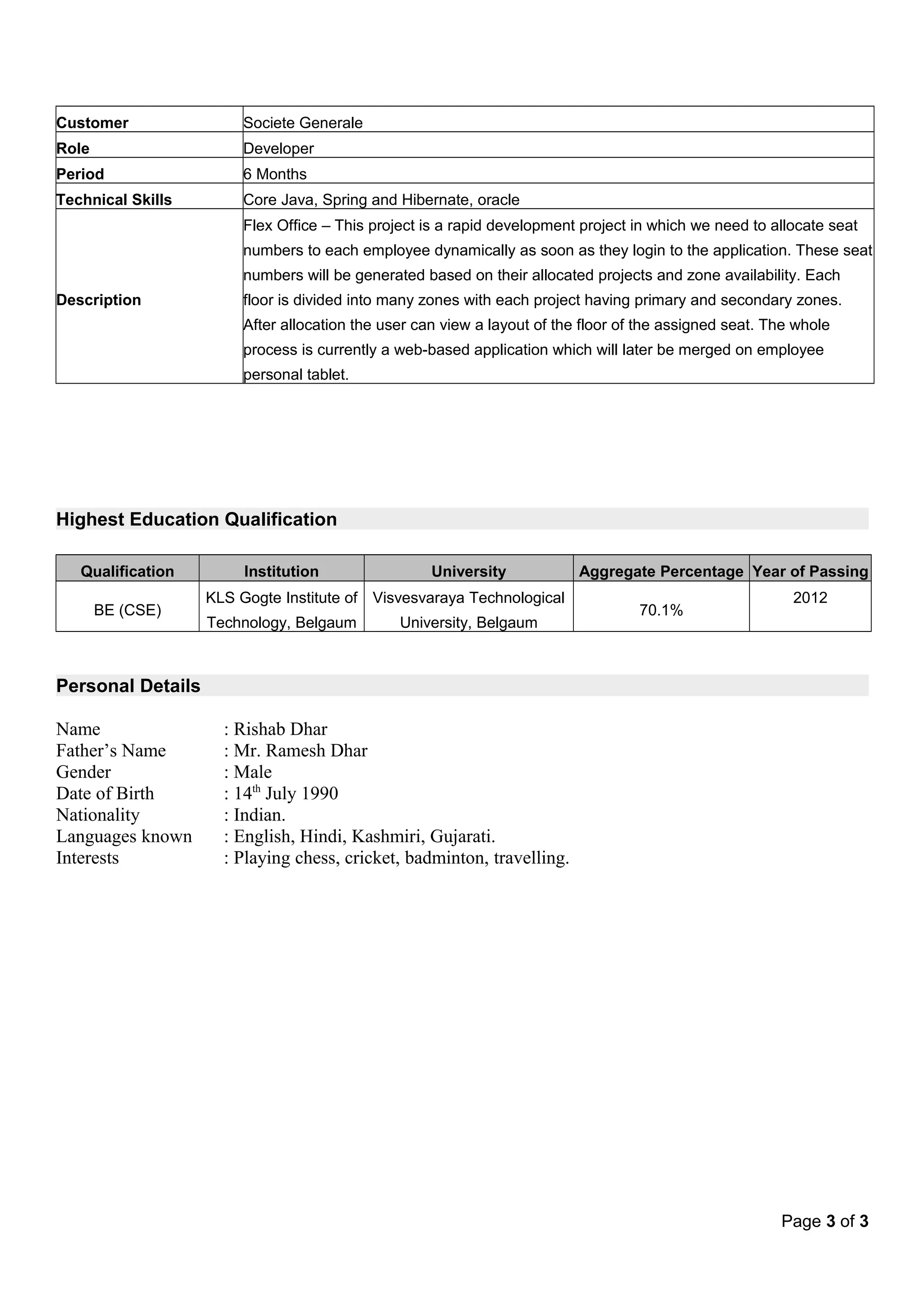 Customer Societe Generale
Role Developer
Period 6 Months
Technical Skills Core Java, Spring and Hibernate, oracle
Description
Flex Office – This project is a rapid development project in which we need to allocate seat
numbers to each employee dynamically as soon as they login to the application. These seat
numbers will be generated based on their allocated projects and zone availability. Each
floor is divided into many zones with each project having primary and secondary zones.
After allocation the user can view a layout of the floor of the assigned seat. The whole
process is currently a web-based application which will later be merged on employee
personal tablet.
Highest Education Qualification
Qualification Institution University Aggregate Percentage Year of Passing
BE (CSE)
KLS Gogte Institute of
Technology, Belgaum
Visvesvaraya Technological
University, Belgaum
70.1%
2012
Personal Details
Name : Rishab Dhar
Father’s Name : Mr. Ramesh Dhar
Gender : Male
Date of Birth : 14th
July 1990
Nationality : Indian.
Languages known : English, Hindi, Kashmiri, Gujarati.
Interests : Playing chess, cricket, badminton, travelling.
Page 3 of 3
 