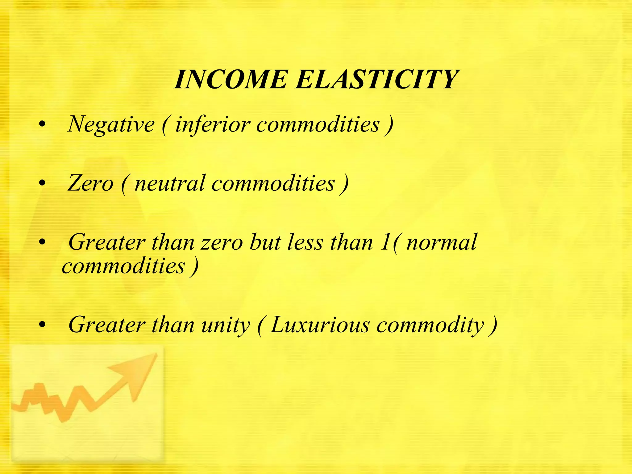 INCOME ELASTICITY
• Negative ( inferior commodities )
• Zero ( neutral commodities )
• Greater than zero but less than 1( normal
commodities )
• Greater than unity ( Luxurious commodity )

 