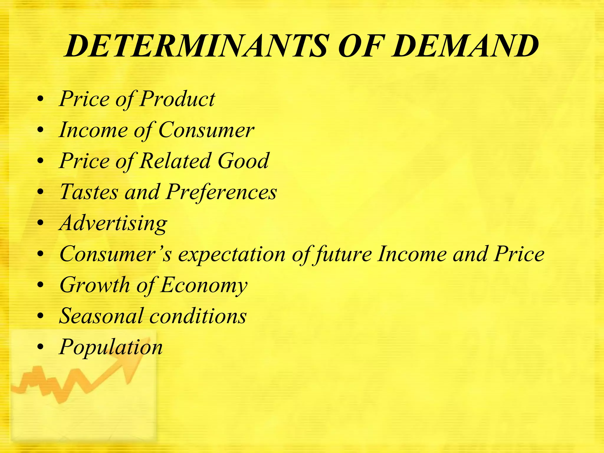 DETERMINANTS OF DEMAND
•
•
•
•
•
•
•
•
•

Price of Product
Income of Consumer
Price of Related Good
Tastes and Preferences
Advertising
Consumer’s expectation of future Income and Price
Growth of Economy
Seasonal conditions
Population

 