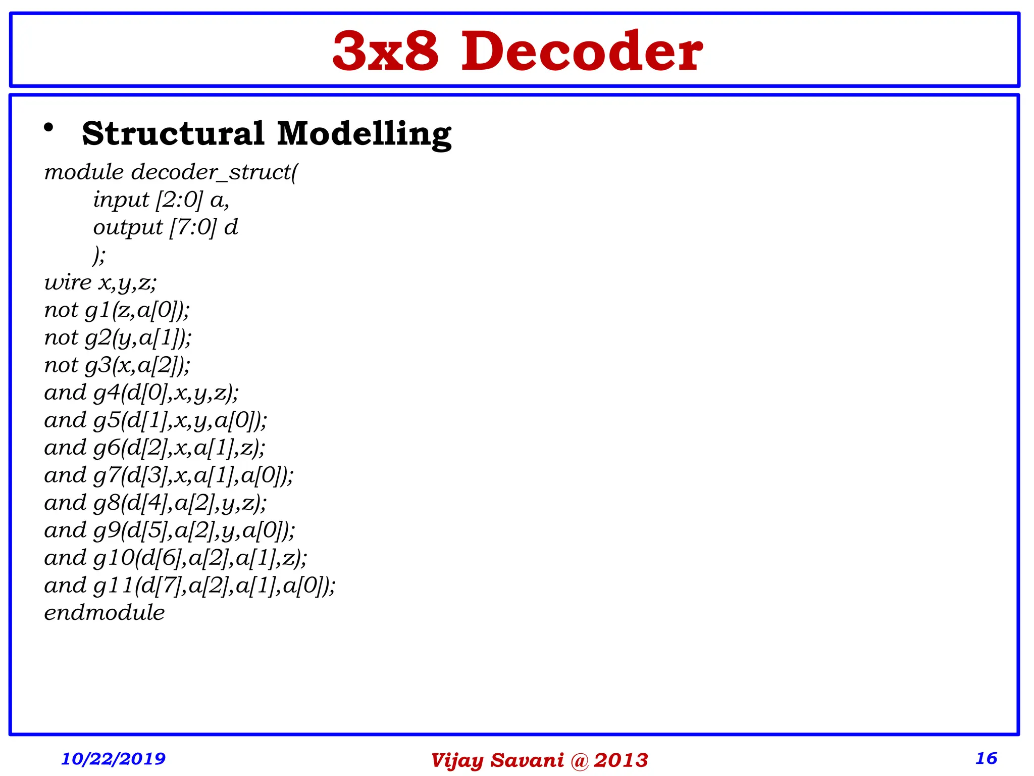 Vijay Savani @ 2013 16
3x8 Decoder
• Structural Modelling
module decoder_struct(
input [2:0] a,
output [7:0] d
);
wire x,y,z;
not g1(z,a[0]);
not g2(y,a[1]);
not g3(x,a[2]);
and g4(d[0],x,y,z);
and g5(d[1],x,y,a[0]);
and g6(d[2],x,a[1],z);
and g7(d[3],x,a[1],a[0]);
and g8(d[4],a[2],y,z);
and g9(d[5],a[2],y,a[0]);
and g10(d[6],a[2],a[1],z);
and g11(d[7],a[2],a[1],a[0]);
endmodule
10/22/2019
 