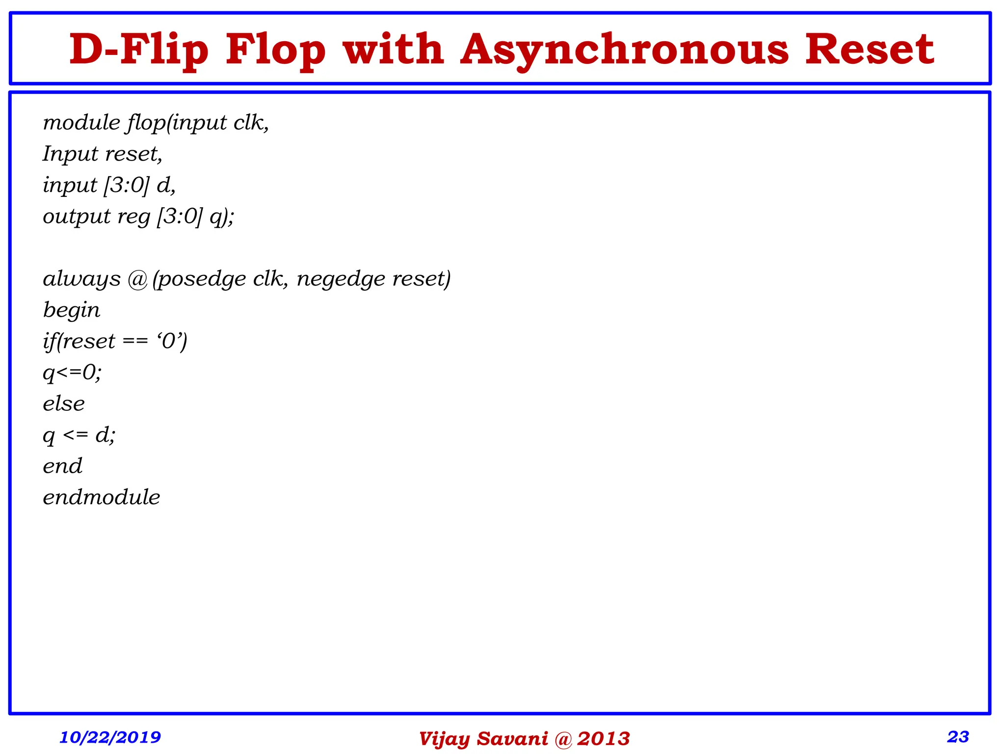 Vijay Savani @ 2013 23
D-Flip Flop with Asynchronous Reset
module flop(input clk,
Input reset,
input [3:0] d,
output reg [3:0] q);
always @ (posedge clk, negedge reset)
begin
if(reset == ‘0’)
q<=0;
else
q <= d;
end
endmodule
10/22/2019
 